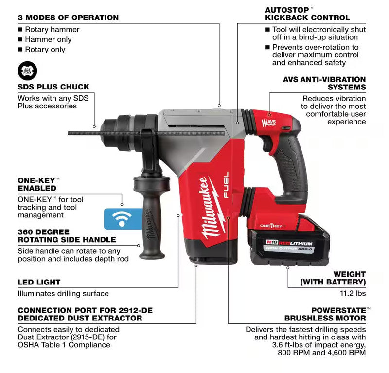 Milwaukee M18 FUEL 1-1/8" SDS Plus Rotary Hammer w/ ONE-KEY? & HAMMERVAC? Dedicated Dust Extractor Kit 2915-22DE