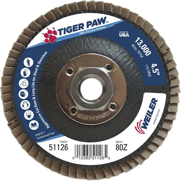 Weiler Tiger Paw 4-1/2 in. Flap Disc, Type 29, 80Z, 5/8 in.-11 UNC (51126)