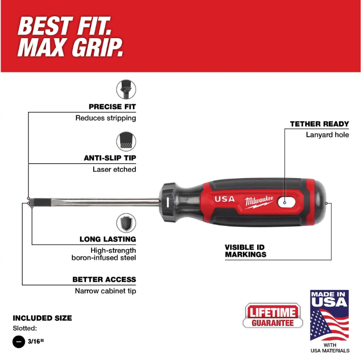 Milwaukee 3/16" Cabinet 6" Cushion Grip Screwdriver MT212