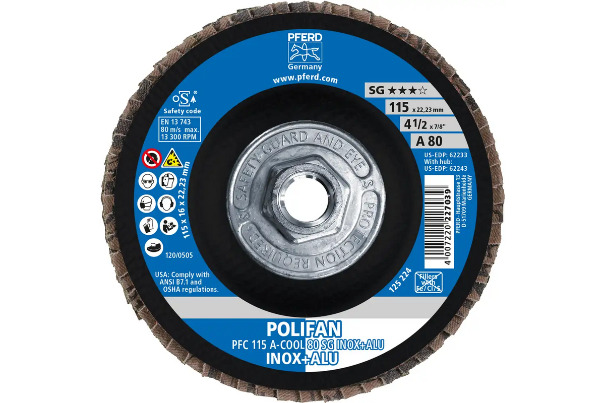 PFERD POLIFAN® Flap Disc, 4-1/2" x 5/8-11, A-COOL SG INOX+ALU, 80 Grit, Conical T29 (62243)