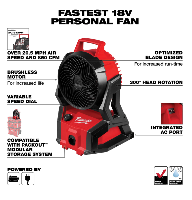 Milwaukee M18 Brushless Fan w/ PACKOUT Compatibility 0818-20