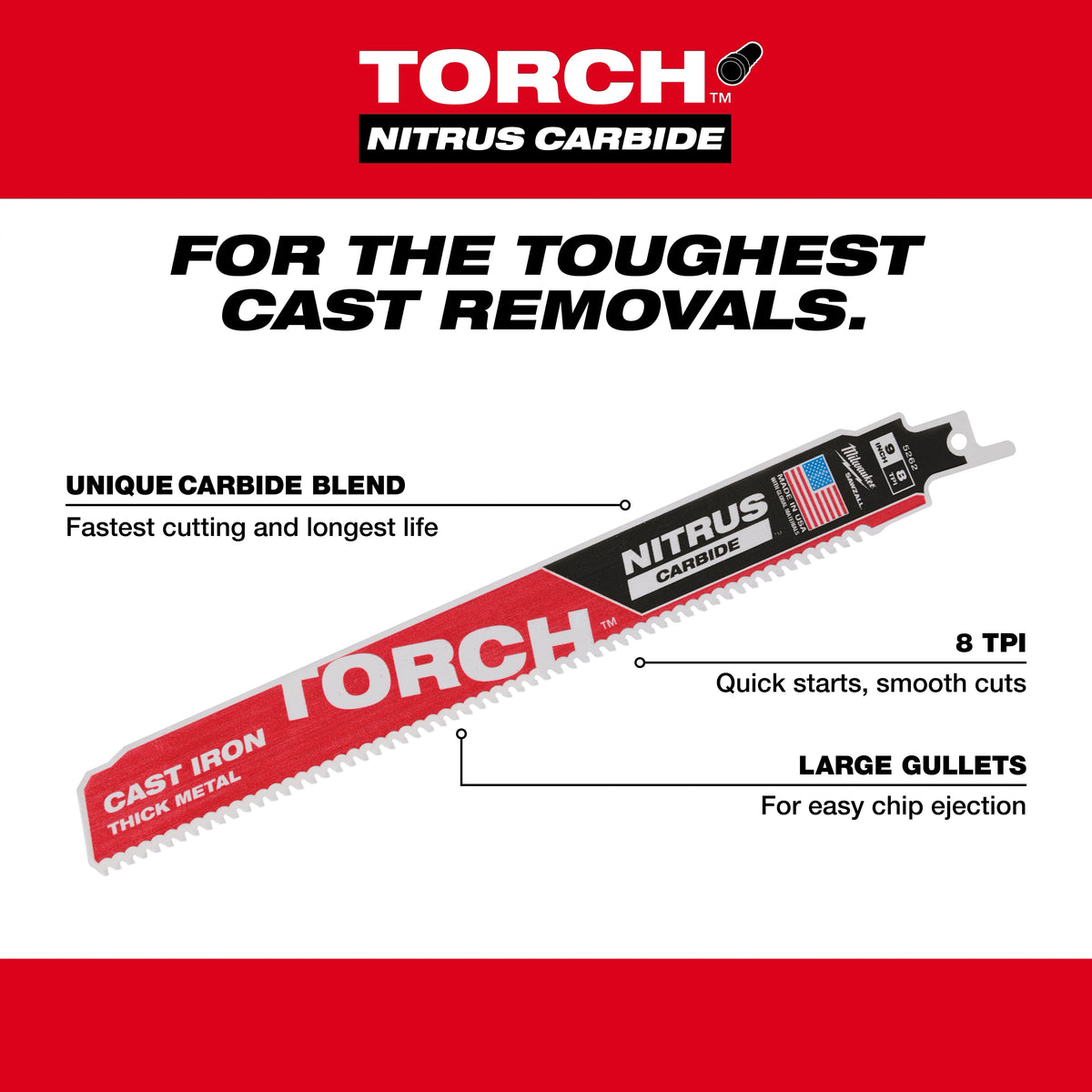 Milwaukee 12" 7 TPI The TORCH™ with NITRUS Carbide™ SAWZALL® Blade 5PK (48-00-5563)
