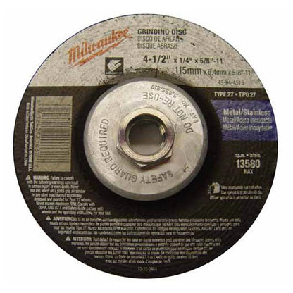 Milwaukee 4-1/2" x 1/4" x 5/8-11" Grinding Wheel (Type 27) (49-94-4515)