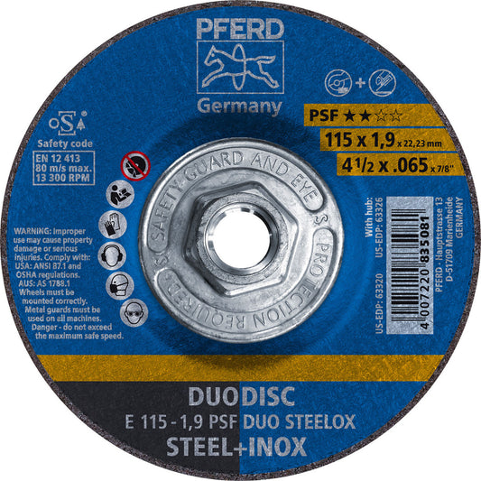 4-1/2 x .065 DUODISC Wheel, 5/8-11 Thd., A 46 P PSF-INOX - Type 27