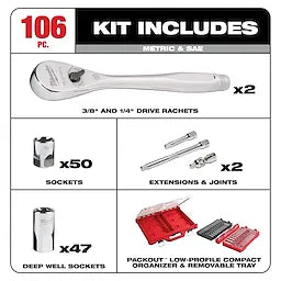 Milwaukee 106pc 1/4" and 3/8" Metric & SAE Ratchet and Socket Set with PACKOUT Low-Profile Organizer