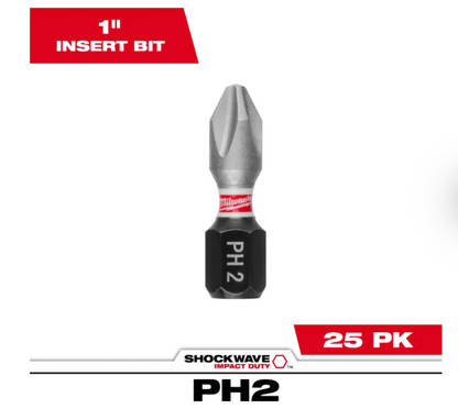 Milwaukee SHOCKWAVE™ Impact Duty 1" Phillips #2 Insert Bits Bulk 25 48-32-4712