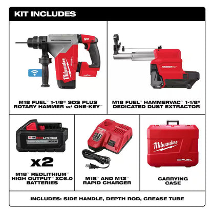 Milwaukee M18 FUEL 1-1/8" SDS Plus Rotary Hammer w/ ONE-KEY? & HAMMERVAC? Dedicated Dust Extractor Kit 2915-22DE