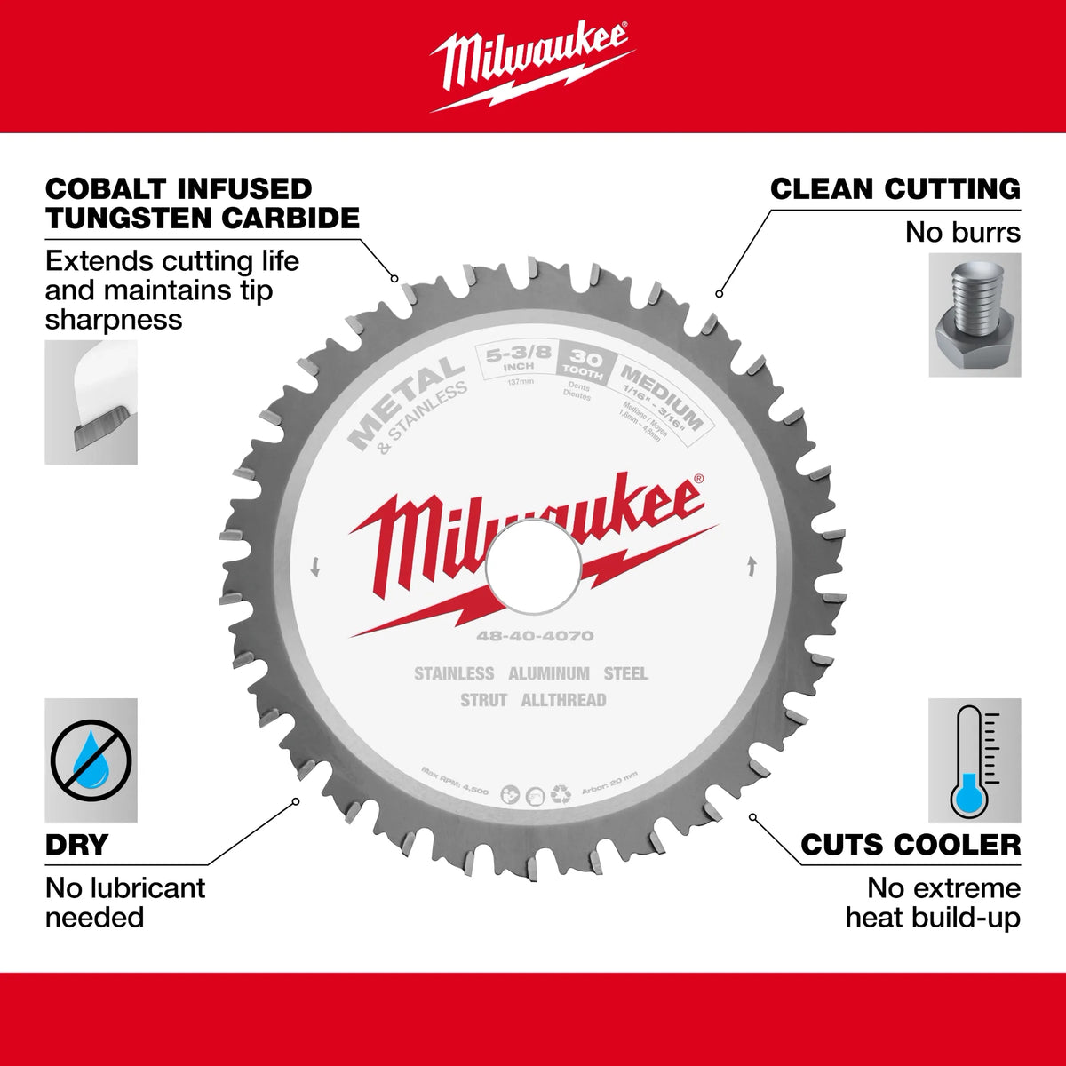 Milwaukee 5-3/8" Metal & Stainless Cutting Circular Saw Blade (48-40-4070)