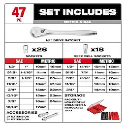 Milwaukee 47pc 1/2" Drive Ratchet & Socket Set with PACKOUT Low-Profile Organizer