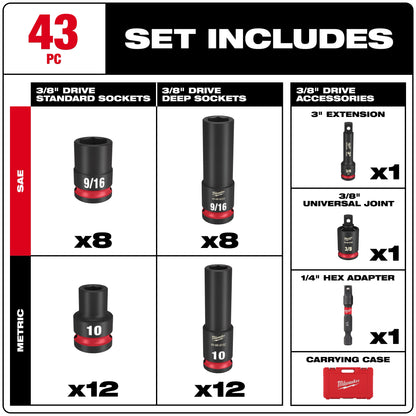 43PCSHOCKWAVE Impact Duty 3/8" Drive SAE & Metric Deep 6 Point Socket Set