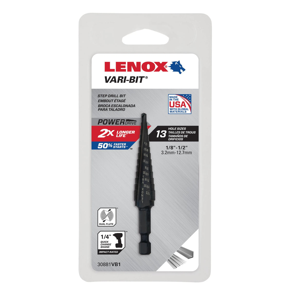 Lenox Vari-Bit Step Drill Bit, 1/8 in - 1/2 in (30881VB1)
