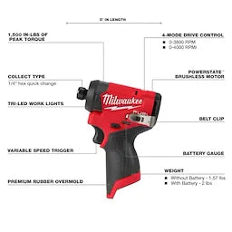 Milwaukee M12 FUEL™ 1/4" Hex Impact Driver (3453-20)