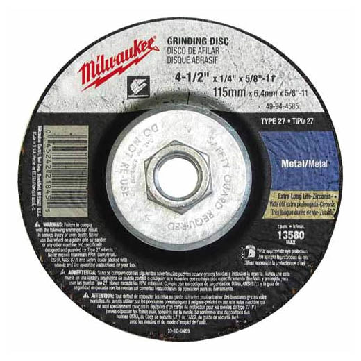 Milwaukee 4-1/2" x 1/8" x 5/8-11" Grinding Wheel (Type 27) (49-94-4525)