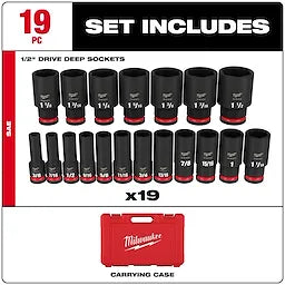 19PCSHOCKWAVE Impact Duty 1/2" Drive SAE Deep 6 Point Socket Set