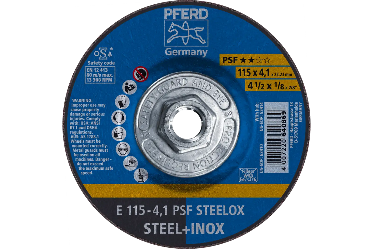 PFERD 4-1/2" x 1/8" PSF STEELOX Grinding Wheel, 5/8-11 Thread, Type 27 (63414)