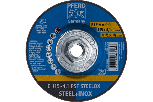 PFERD 4-1/2" x 1/8" PSF STEELOX Grinding Wheel, 5/8-11 Thread, Type 27 (63414)