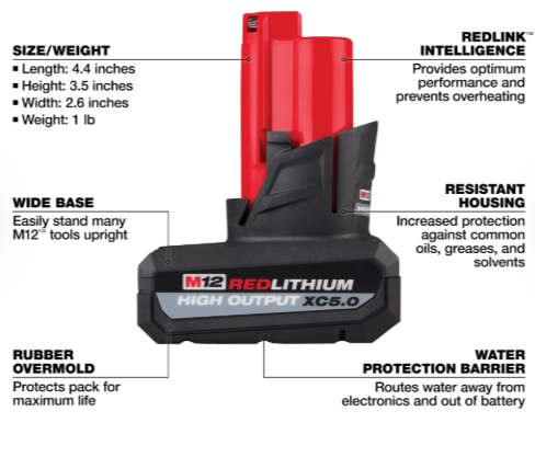 Milwaukee M12â„¢ REDLITHIUMâ„¢ HIGH OUTPUTâ„¢ XC5.0 Battery Pack 48-11-2450