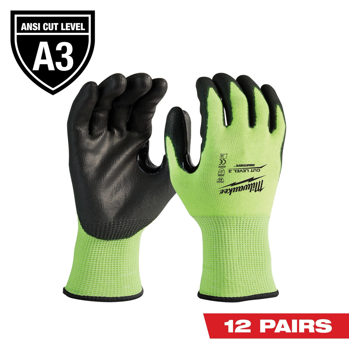 Milwaukee 12PK High Visibility Cut Level 3 Polyurethane Dipped Gloves - L (48-73-8932B)