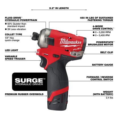 Milwaukee M12 FUEL™ SURGE™ 1/4" Hex Hydraulic Driver 2 Battery Kit (2551-22)