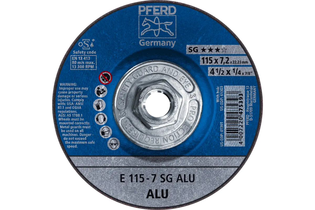 PFERD 4-1/2" x 1/4" SG ALU Grinding Wheel, 5/8-11 Thread, Type 27 (61303)