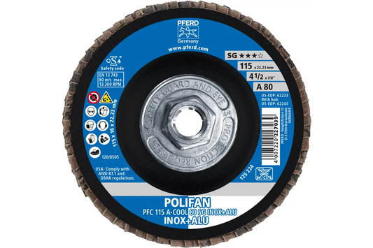 PFERD POLIFAN® Flap Disc, 4-1/2" x 5/8-11, A-COOL SG INOX+ALU, 80 Grit, Conical T29 (62243)