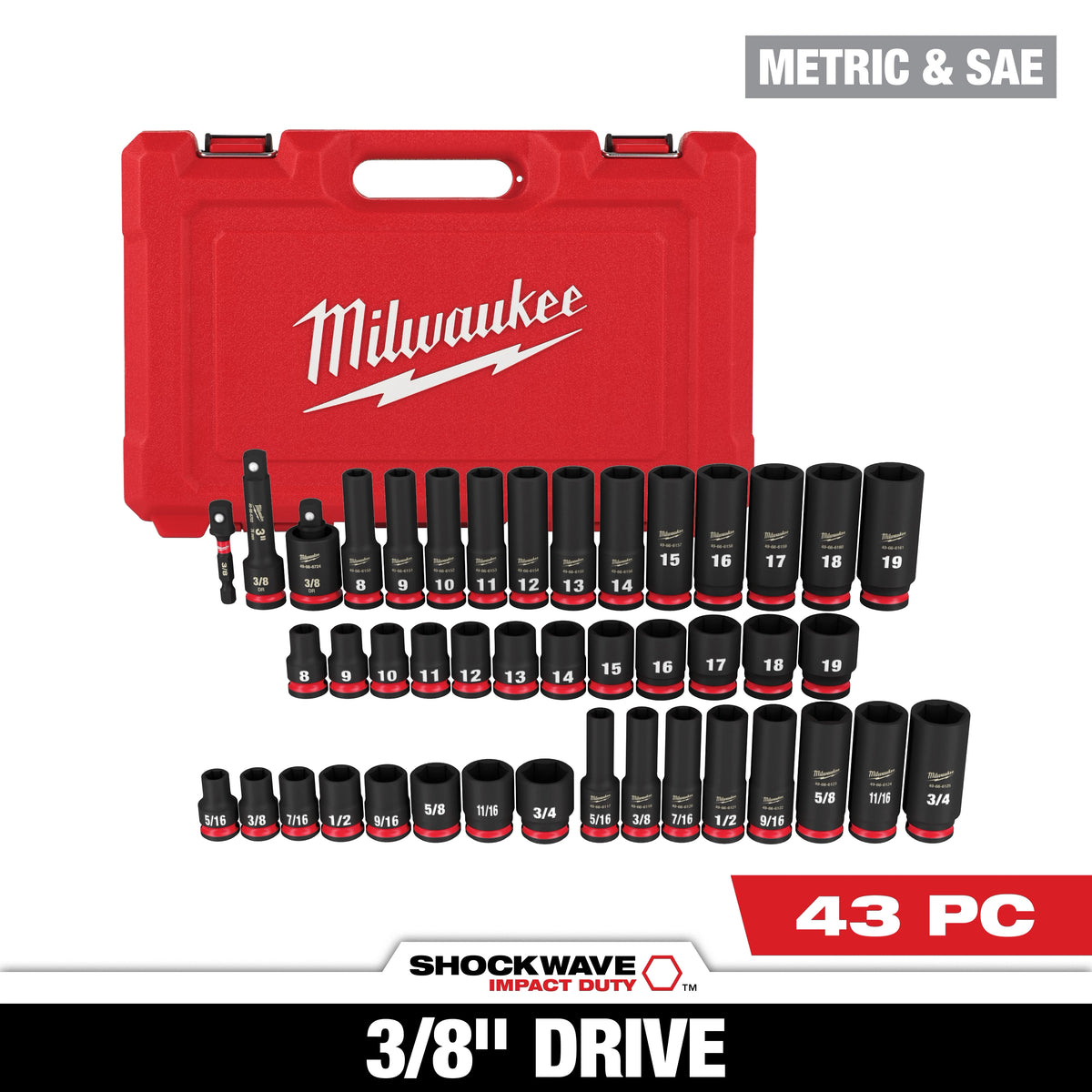43PCSHOCKWAVE Impact Duty 3/8" Drive SAE & Metric Deep 6 Point Socket Set