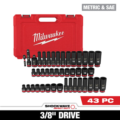 43PCSHOCKWAVE Impact Duty 3/8" Drive SAE & Metric Deep 6 Point Socket Set
