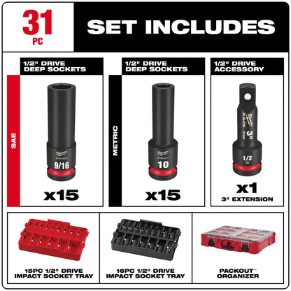 SHOCKWAVE Impact Duty Socket 1/2" Dr 31PC PACKOUT Set