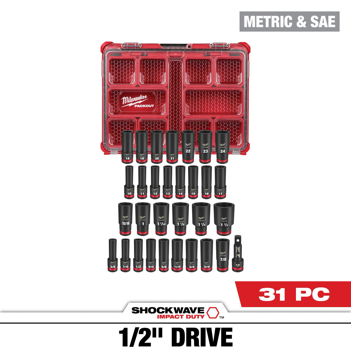 SHOCKWAVE Impact Duty Socket 1/2" Dr 31PC PACKOUT Set