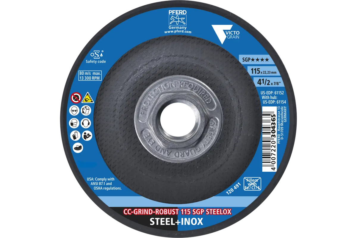 PFERD CC-GRIND®-ROBUST Grinding Disc, 4-1/2" x 5/8-11, SGP STEELOX VICTOGRAIN® Ceramic (61154)
