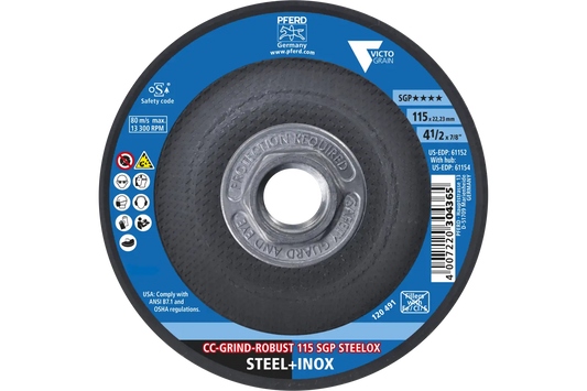 PFERD CC-GRIND®-ROBUST Grinding Disc, 4-1/2" x 5/8-11, SGP STEELOX VICTOGRAIN® Ceramic (61154)