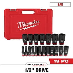 19PCSHOCKWAVE Impact Duty 1/2" Drive SAE Deep 6 Point Socket Set