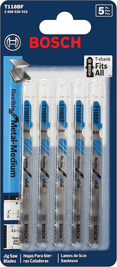 Bosch 5 pieces 3-5/8 In. 11-14 TPI Flexible for Metal T-Shank Jig Saw Blades T118-BF